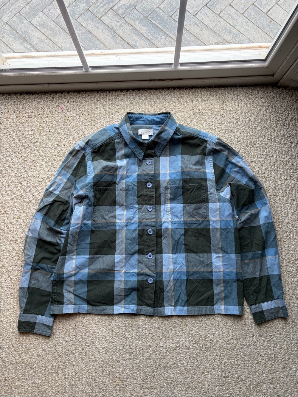 Christopher & banks woman’s blue plaid long sleeve button down. Size Large.